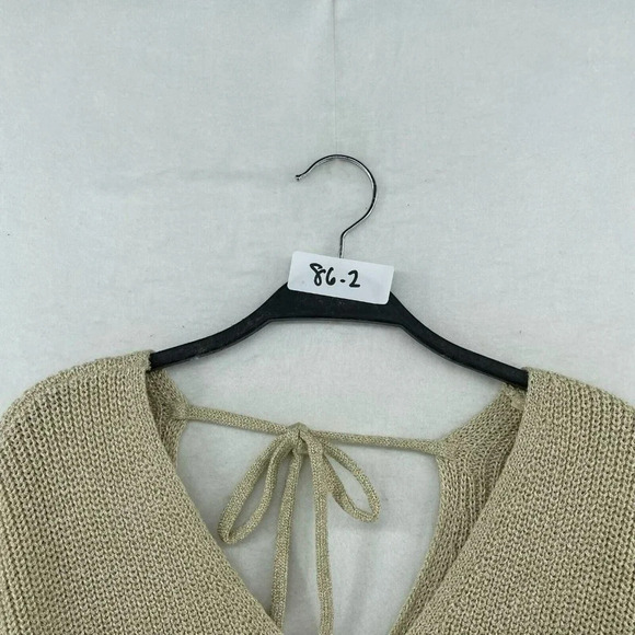 Loft Sweater Women's Sz 14 Plus Beige Knitted V-Neck Gold Metallic Tie-Back - Picture 12 of 12